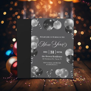 Black and Silver Glitter New Year's Eve Party Invitation