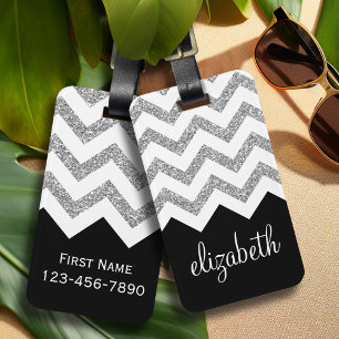 Black and Silver Glitter Print Chevron and Name Luggage Tag