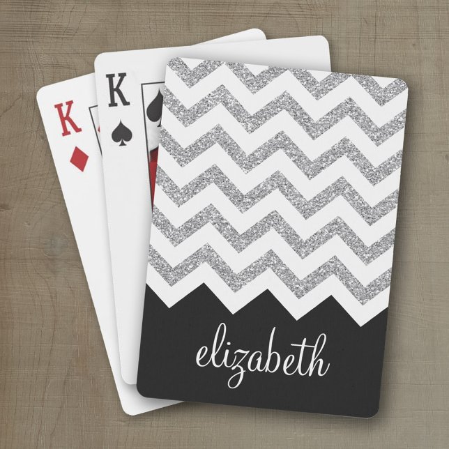 Black and Silver Glitter Print Chevron and Name Playing Cards (Personalized playing cards with a zig zag pattern and a place for a name or monogram)