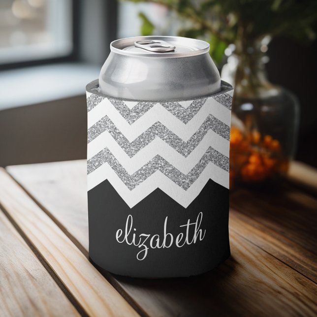 Black and Silver Glitter Print Chevrons and Name Can Cooler (Celebrate with a personalized can cooler - add your name. Great party favor or gift)