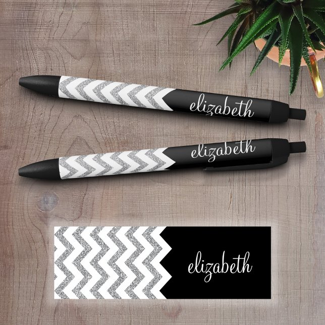 Black and Silver Glitter Print Chevrons and Name Ink Pen (Personalized Writing Pens - add your name, monogram or other text)