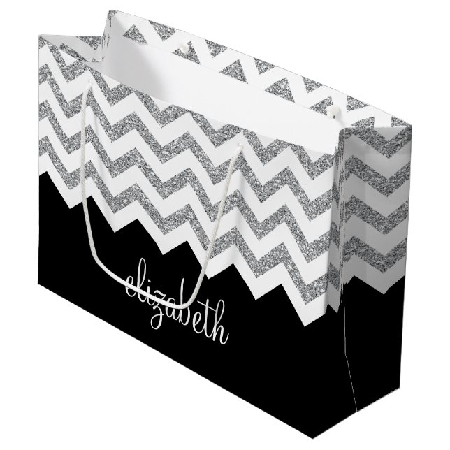 Black and Silver Glitter Print Chevrons and Name Large Gift Bag (Front Angled)