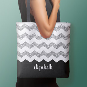 Black and Silver Glitter Print Chevrons and Name Tote Bag