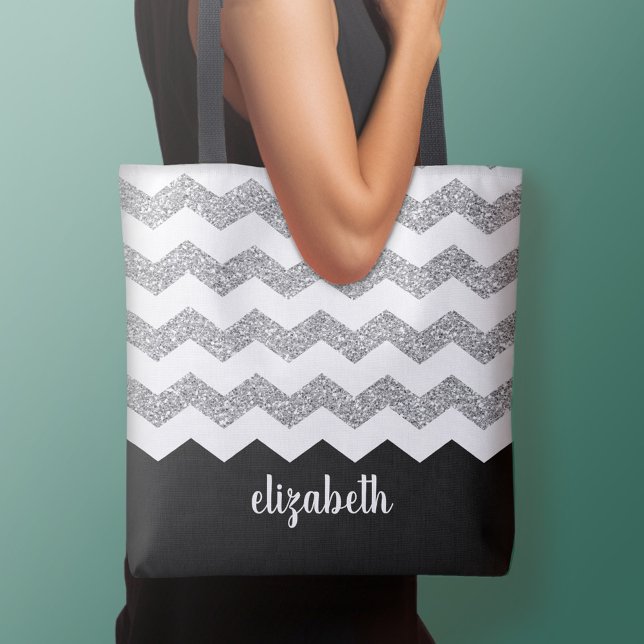 Black and Silver Glitter Print Chevrons and Name Tote Bag (Personalized tote bag - add your name or other text)