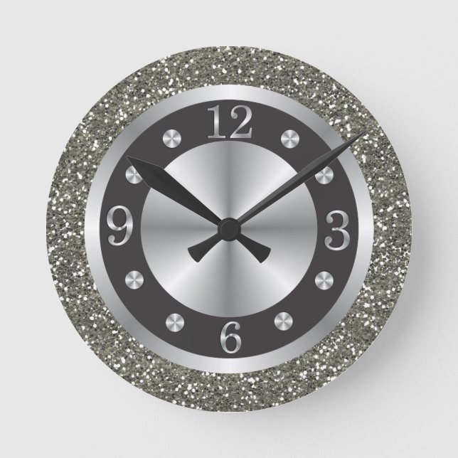 Black And Silver Glitter   Round Clock (Front)