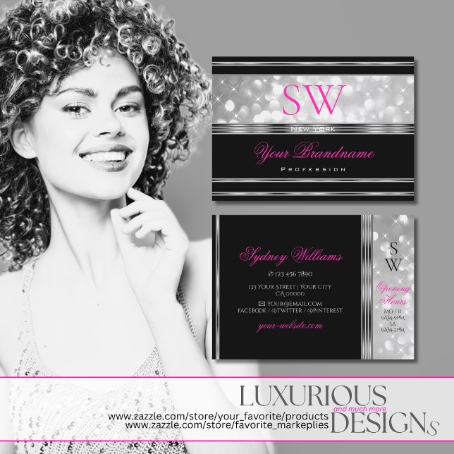 Black and Silver Glitter Stars Pink Font Initials Business Card (Creator Uploaded)