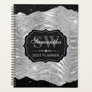 Black and Silver Glitter Tiger Stripes Monogram Planner