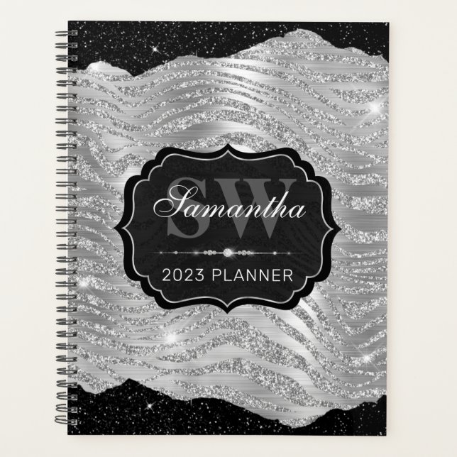 Black and Silver Glitter Tiger Stripes Monogram Planner (Front)