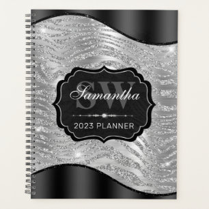 Black and Silver Glitter Tiger Stripes Monogram Planner