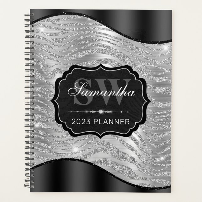 Black and Silver Glitter Tiger Stripes Monogram Planner (Front)