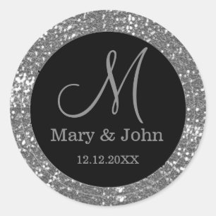 Black And Silver Glitter Wedding Monogram Classic Round Sticker