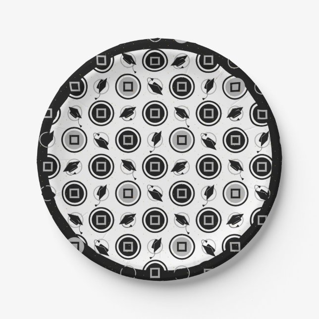 Black and Silver Graduation Cap Pattern Paper Plate (Front)