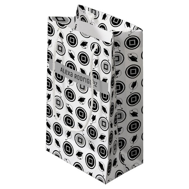 Black and Silver Graduation Cap Pattern Small Gift Bag (Front Angled)