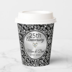 Black And Silver Grey Damask 25th Anniversary Pape Paper Cups