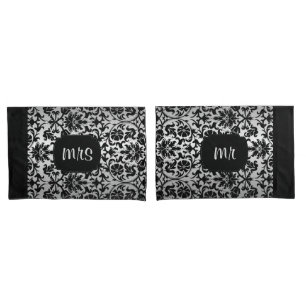 Black and Silver Grey Damask Floral Pattern Pillowcase