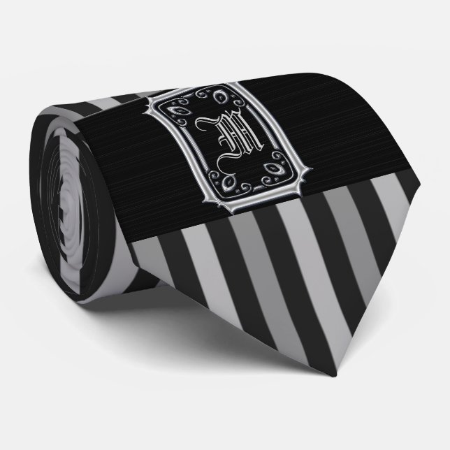 Black and Silver Grey Stripes Buckle Monogram Tie (Rolled)