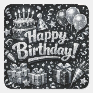 Black And Silver Happy Birthday Square Sticker