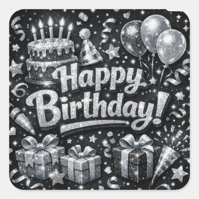 Black And Silver Happy Birthday Square Sticker (Front)