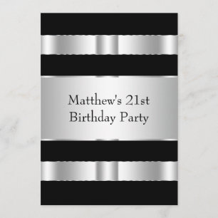 Black and Silver Mans 21st Birthday Party Invitation
