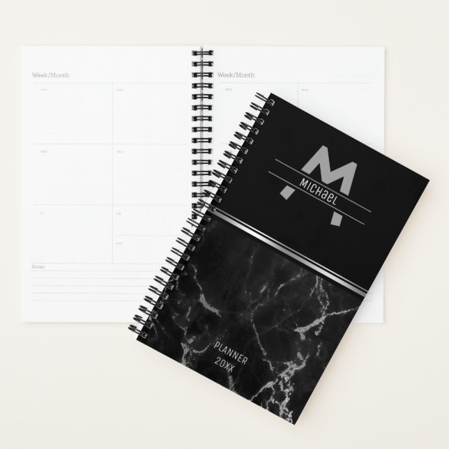 Black And Silver Marble Texture Monogram Planner (Display)