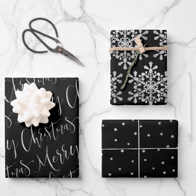Black And Silver Merry Christmas Snowflakes Stars Wrapping Paper Sheet (Front)