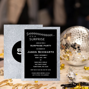 Black and Silver Milestone Surprise Party Birthday Invitation
