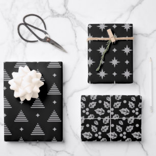 Black and Silver Modern Christmas Pattern Wrapping Paper Sheet