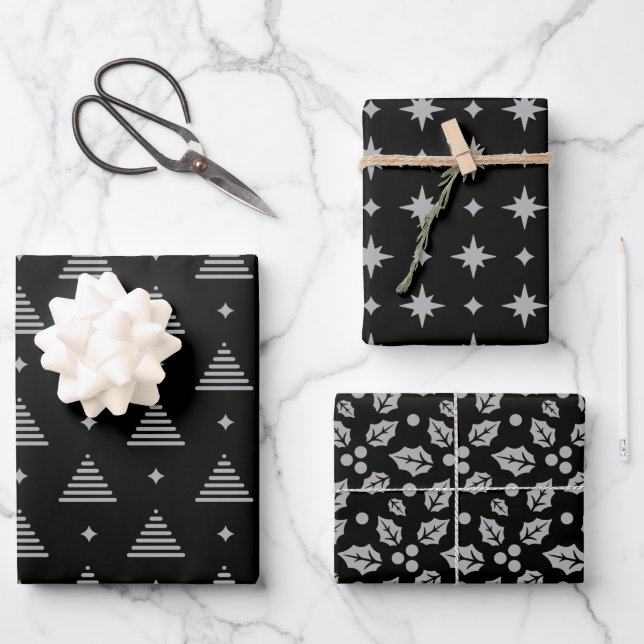 Black and Silver Modern Christmas Pattern Wrapping Paper Sheet (Front)