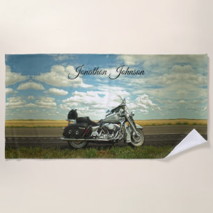 Black and Silver Motorcycle and Blue Sky Beach Towel