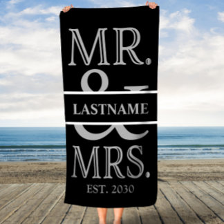 Black and Silver Mr. Mrs. Personalised Beach Towel