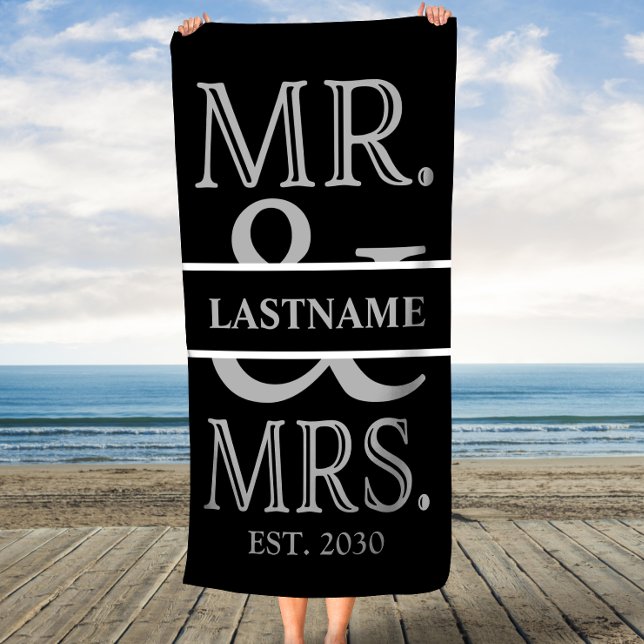Black and Silver Mr. Mrs. Personalised Beach Towel (Creator Uploaded)