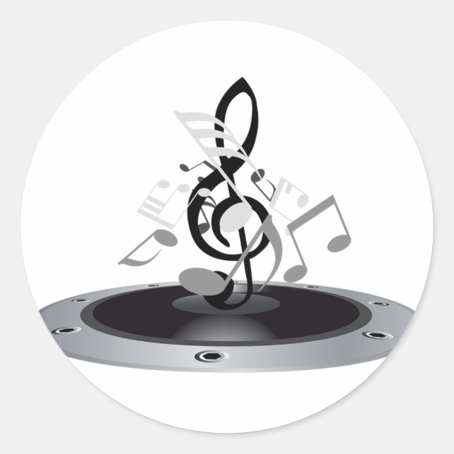 Black and Silver Musical Notes Speaker Classic Round Sticker (Front)