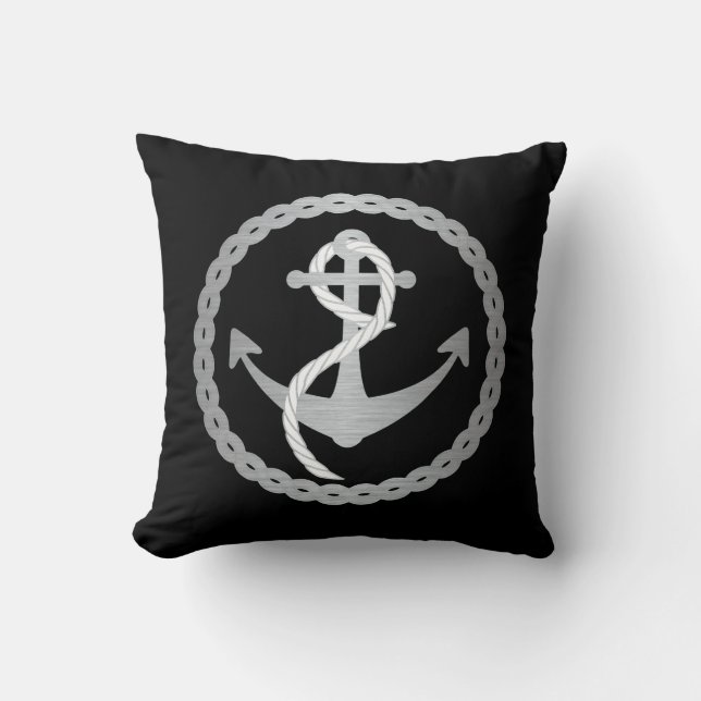 Black and Silver Nautical Anchor in Rope Circle Cushion (Front)