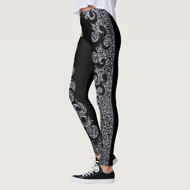 Black and Silver Pattern Gothic Bachelorette Party Leggings (Left)