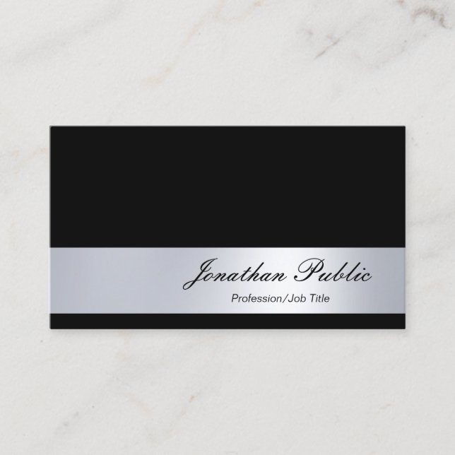 Black And Silver Plain Modern Italic Script chic Business Card (Front)