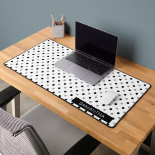 Black and Silver Polka Dots in a White Background Desk Mat
