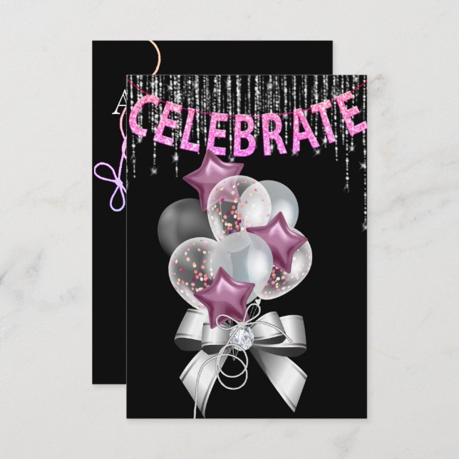 Black and Silver purple with Balloons girl Party Invitation (Front/Back)