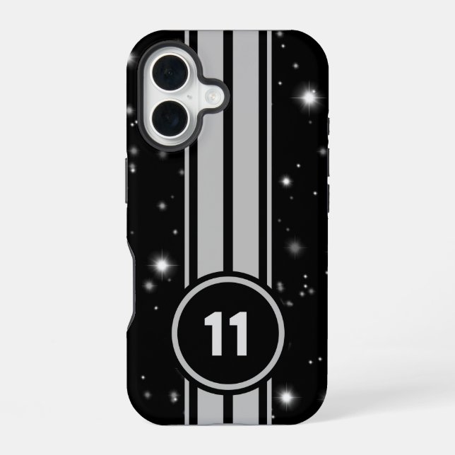 Black and Silver Racing Stripes Starlight iPhone 16 Case (Back)