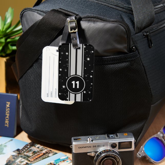 Black and Silver Racing Stripes Starlight Luggage Tag (Front & Back)