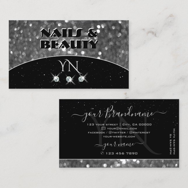 Black and Silver Sparkle Glitter Diamonds Monogram Business Card (Front/Back)