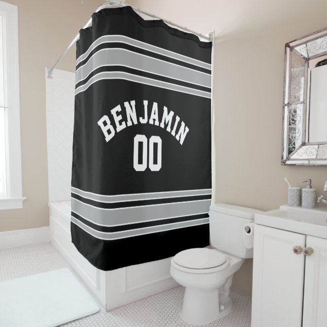 Black and Silver Sports Jersey Custom Name Number Shower Curtain (In Situ)