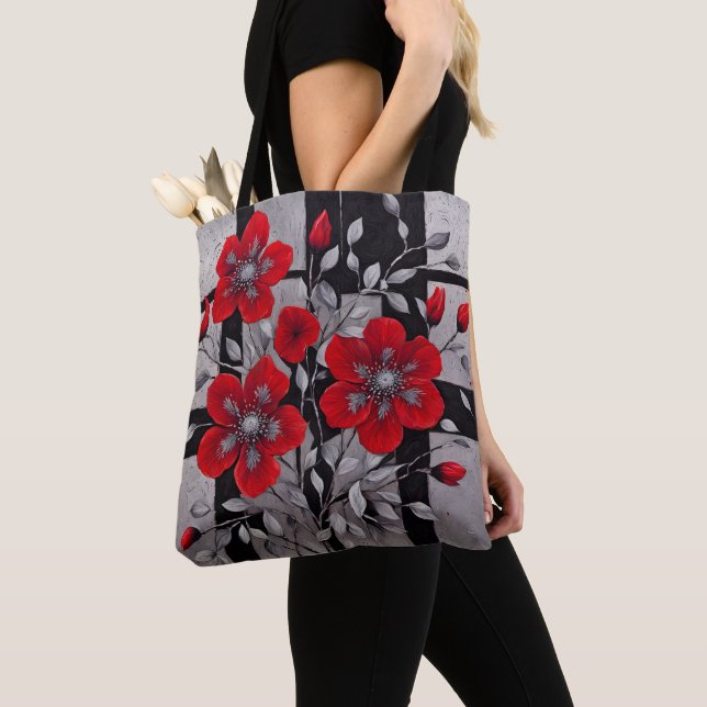 Black and Silver Squares with Red Flowers Tote Bag (Close Up)