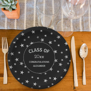 Black and Silver Stars graduation party Paper Plate