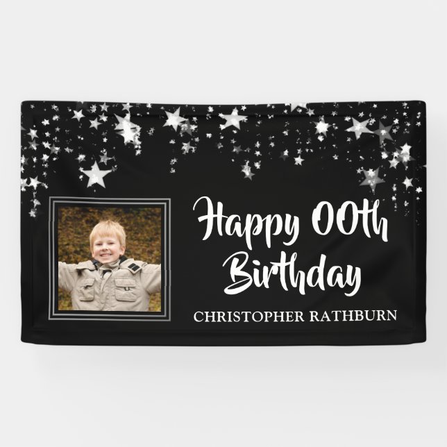 Black and Silver Stars Photo Any Year Birthday Banner (Horizontal)