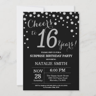 Black and Silver Surprise 16th Birthday Diamond Invitation
