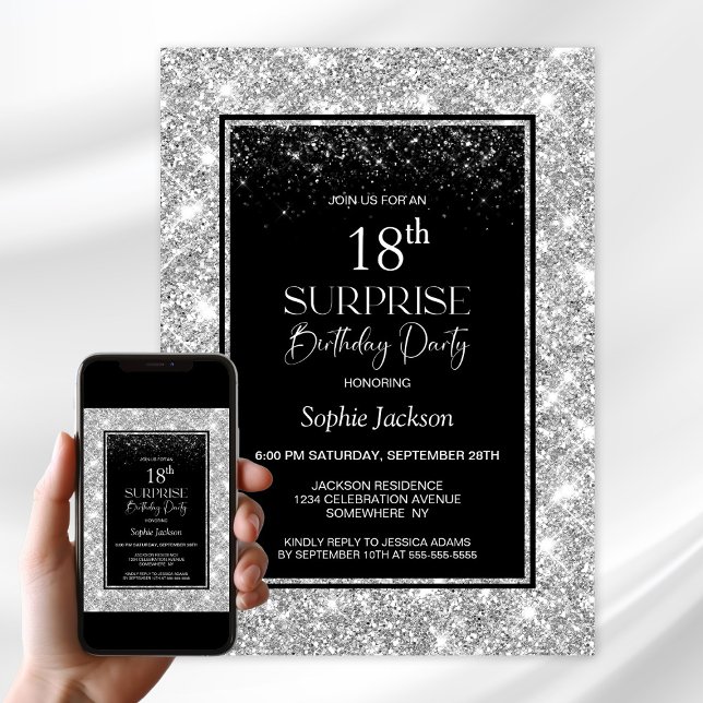 Black and Silver Surprise 18th Birthday Party Invitation (Creator Uploaded)