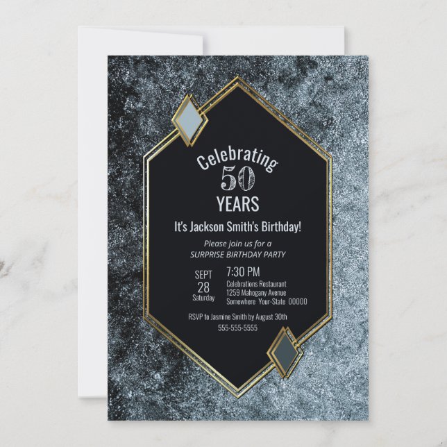 Black and Silver Surprise 50th Birthday Party Invitation (Front)