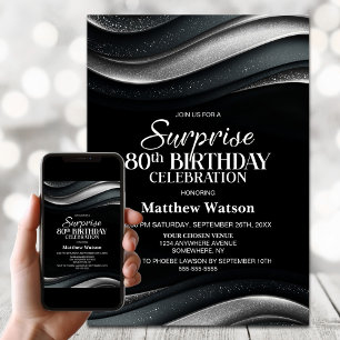 Black and Silver Surprise 80th Birthday Party Invitation