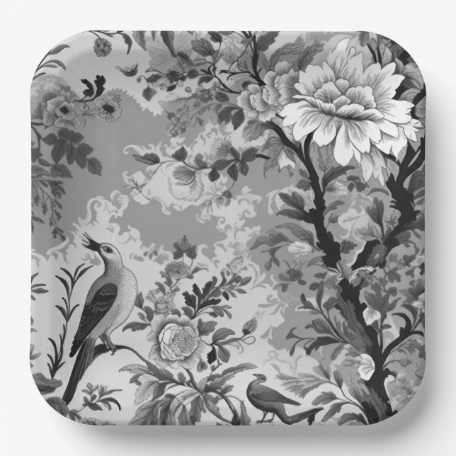 Black and Silver Toile de Fleur Paper Plate (Front)