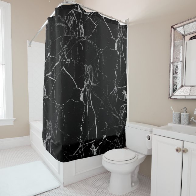 Black and Silver Vein Marble Shower Curtain (In Situ)